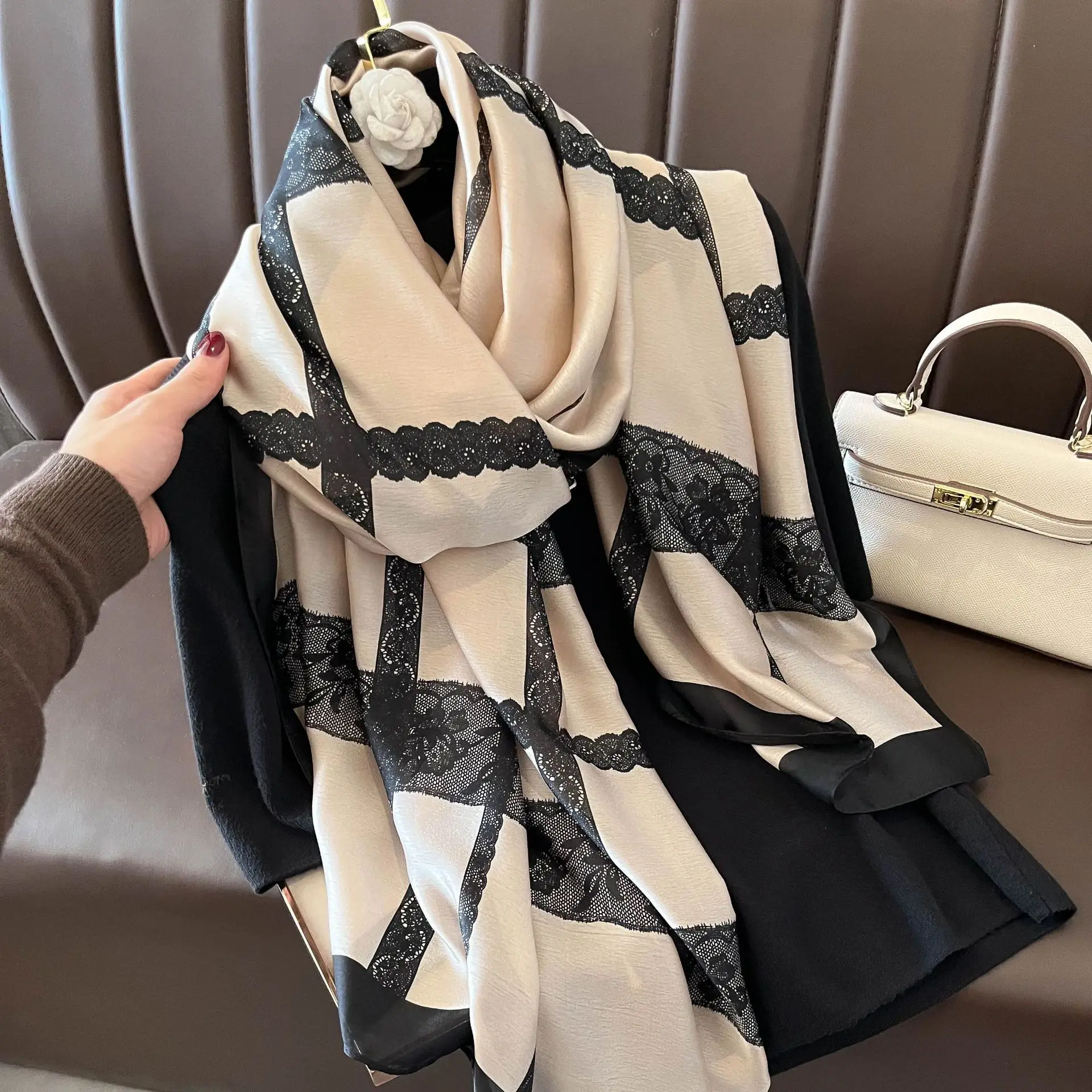

180*90cm Large Luxury Silk Satin Scarf Hijab Women Print Shawl Wrap Female Hand Foulard Pashmina Travel Echarpe 2022 NEW Brand