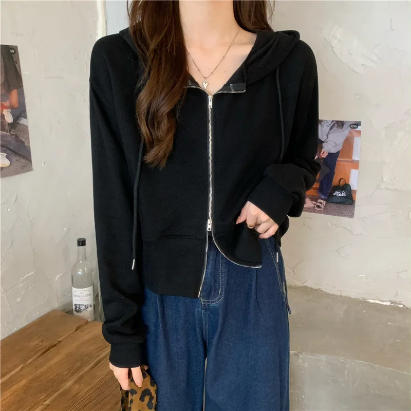 Women Hoodie Harajuku Korean Version Oversized Solid Color Zip Up Sweatshirt Female Casual Long Sleeve Pocket Hooded Coat Jacket