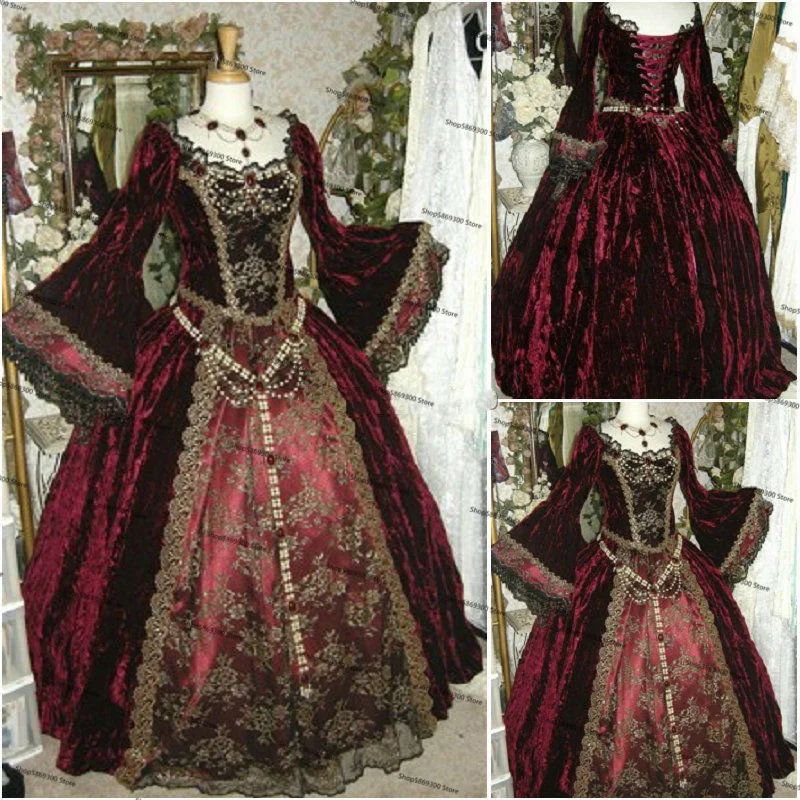 

Свадебные платья в викторианском стиле бордового цвета, готический стиль, гражданская война, Южная Белль, Хэллоуин, свадебное платье на шнуровке с длинным рукавом, индивидуальный пошив