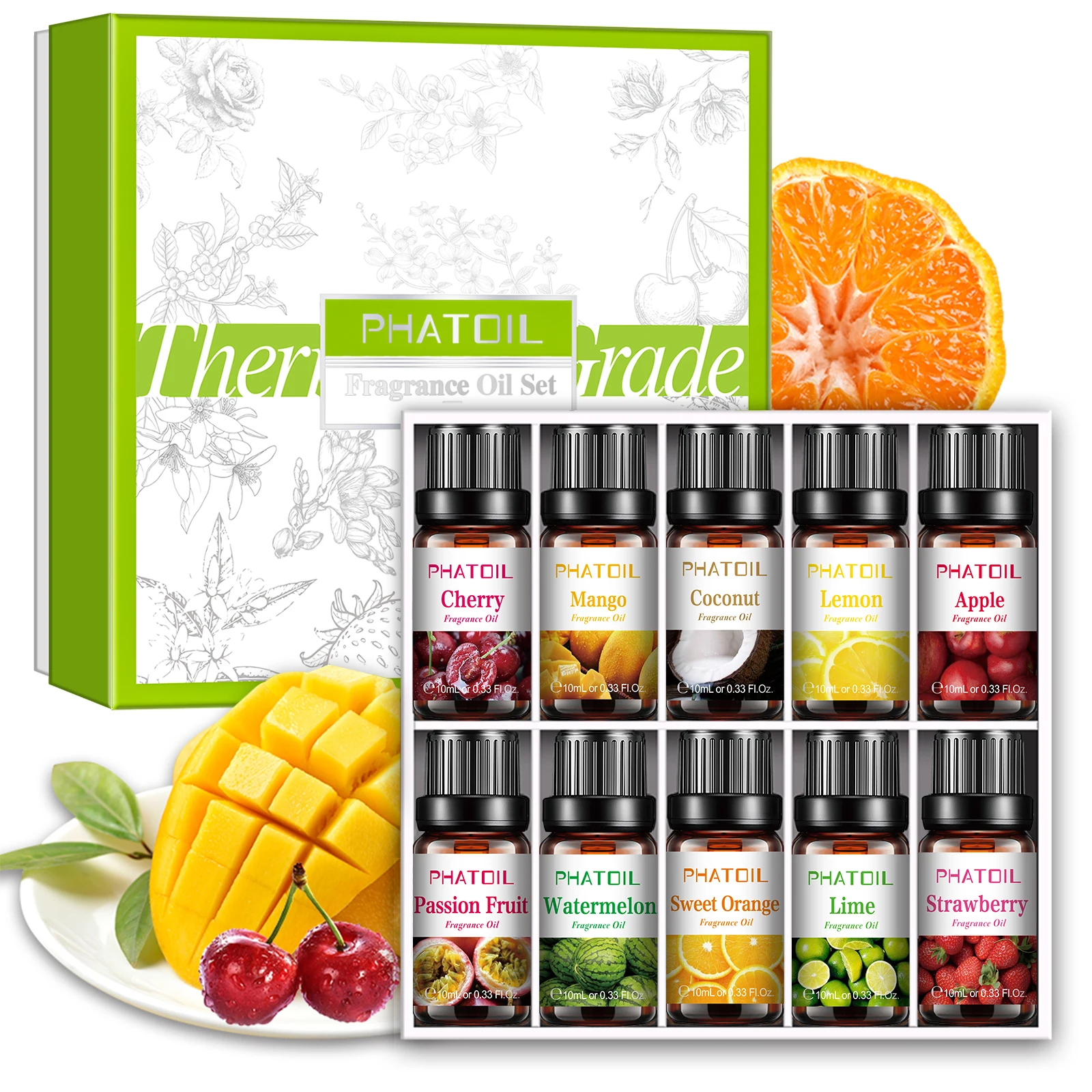 Essential Oils Set 10ml Pure Essential Oils Fruity Fragrance Oils Apple Cherry Coconut Mango Lemon Orange