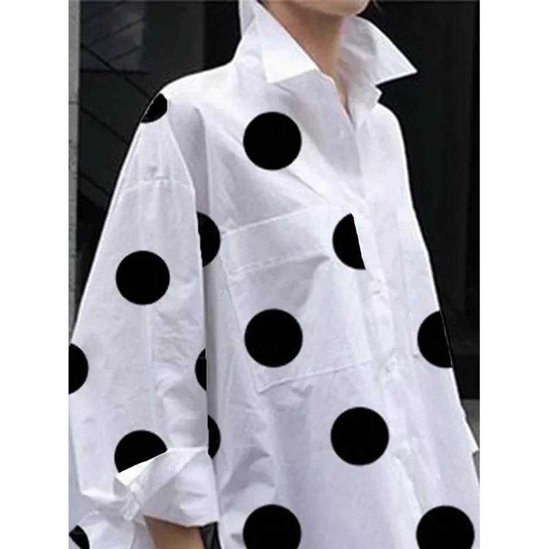 Женские свободные блузки и рубашки в горошек с длинным рукавом отложным