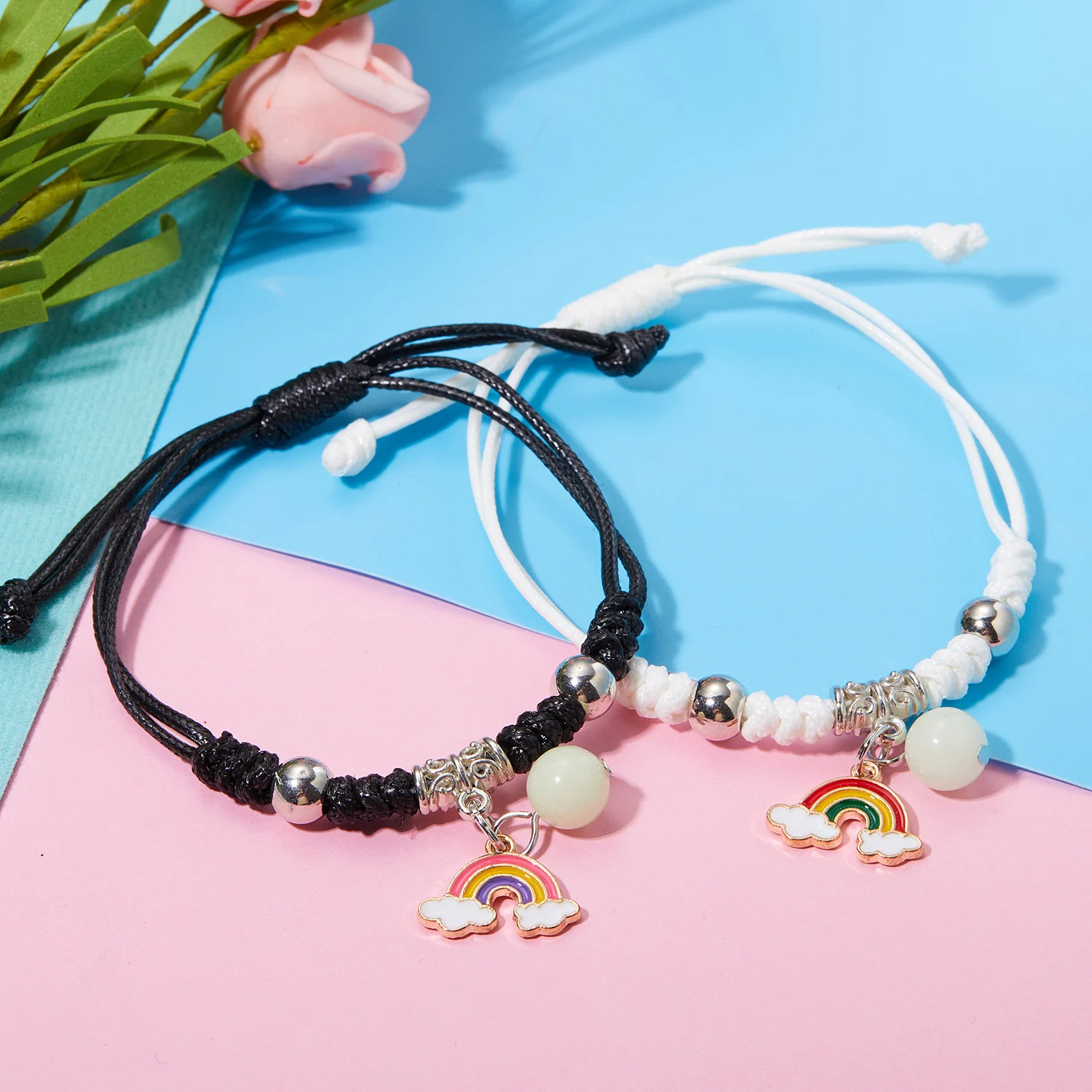 

2PCS Luminous Rainbow Couple Bracelets For Women Men Butterfly Rabbit Star Pendant Handmade Braided Bracelet Lovers Jewelry Gift
