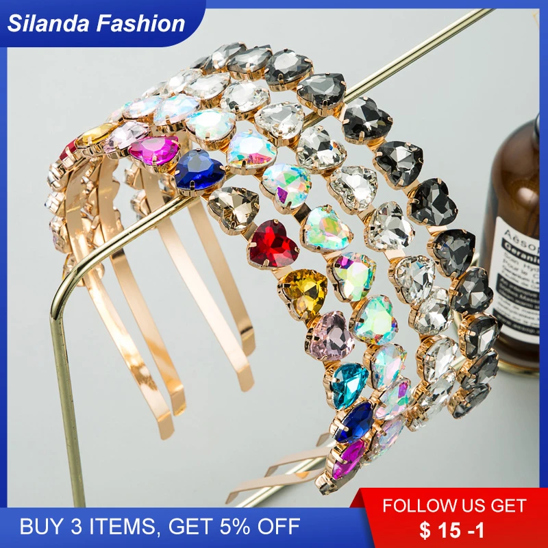 

Silanda Fashion New Women's Hair Band European Shining Heart Shaped Glass Drill Inlaid Alloy Metallic Trendy Headband Hair Loop