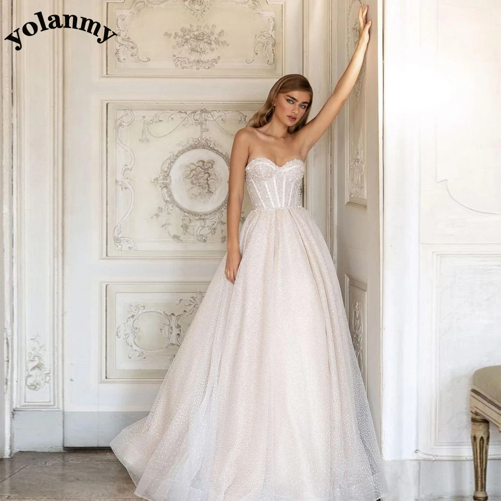 

YOLANMY Glitter Wedding Dresses A-Line Sweetheat Sleeveless Pleat Formal Bridal Gown Vestidos De Novia Personalised For Women