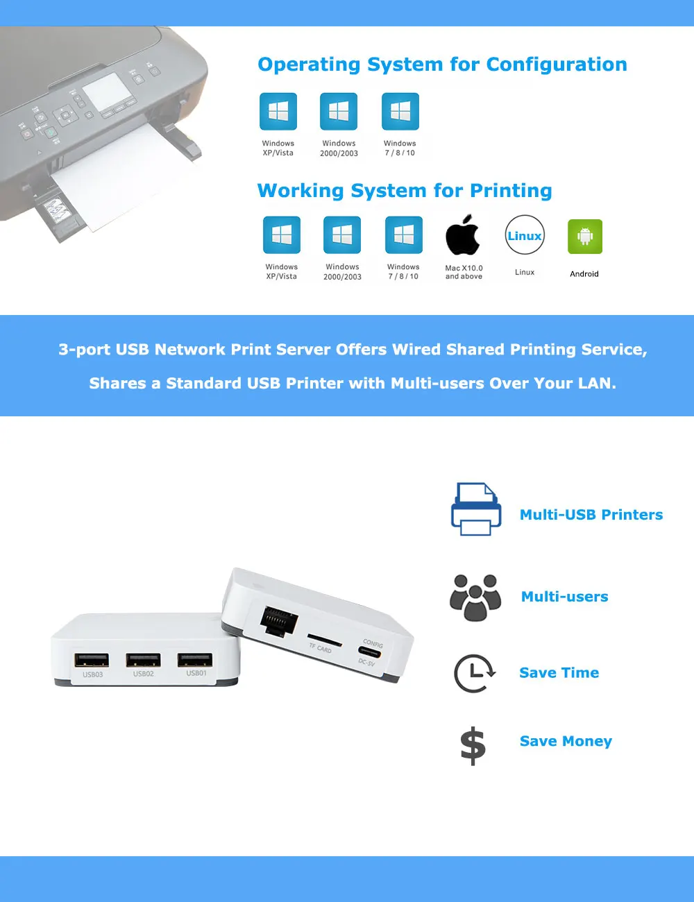 LOYALTY-SECU Адаптер для сервера печати RJ45 Ethernet 3 USB 2 0 Android | Компьютеры и офис