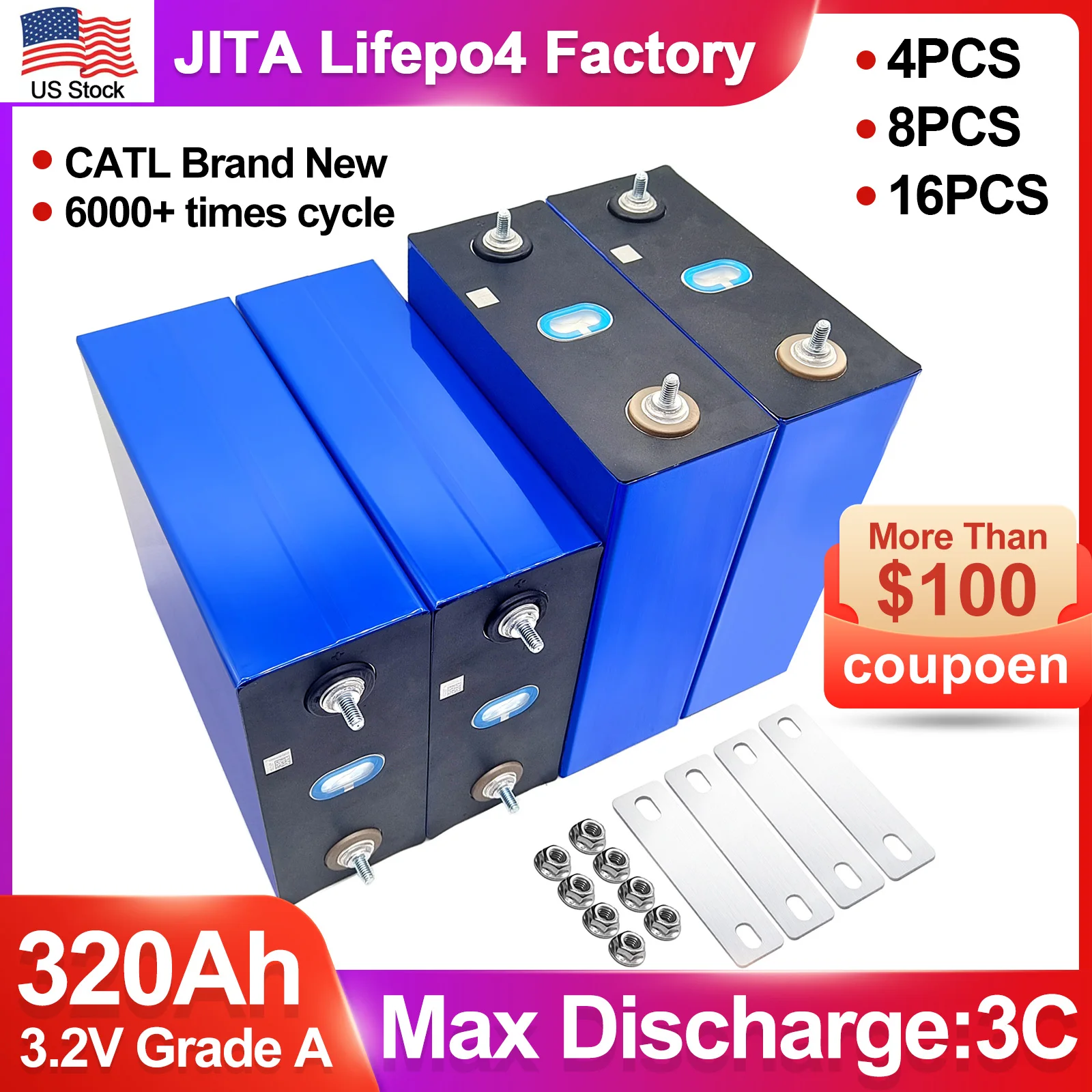 

JITA 4PCS Lifepo4 300Ah Battery 3.2v 272ah 280Ah 302ah 304Ah Lifepo4 Cell Lithium Ion Battery Prismatic Cell LF280 Lifepo4