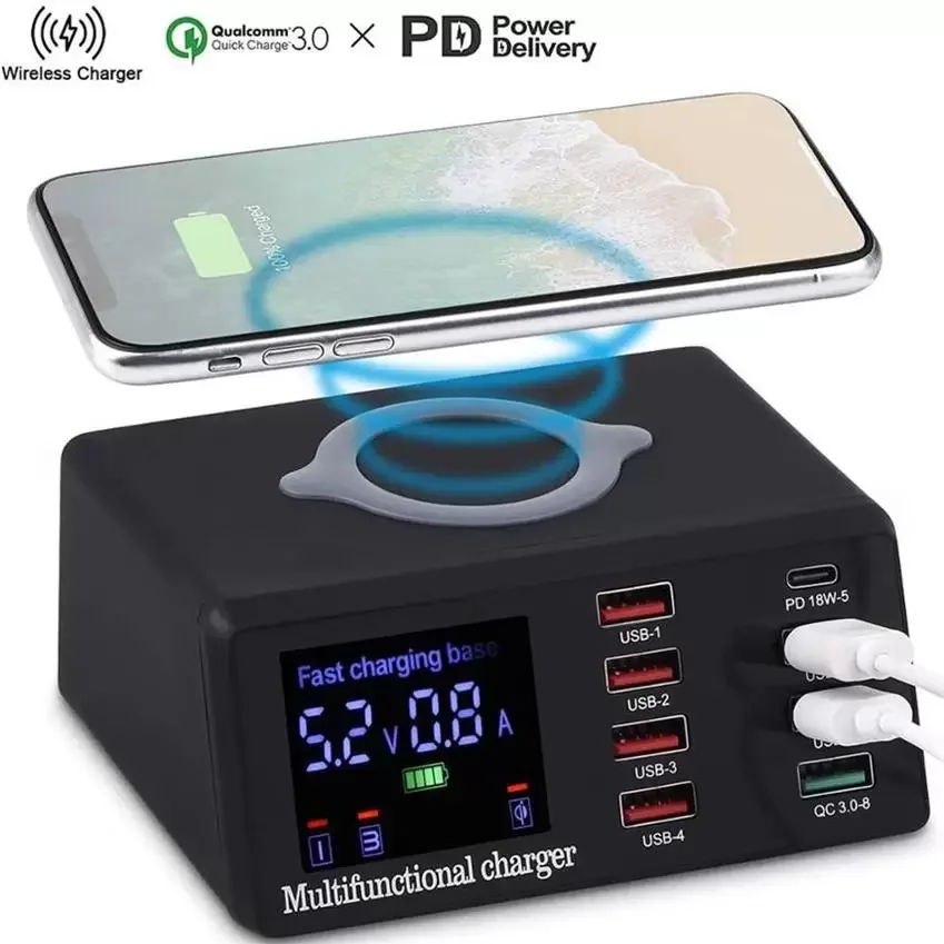 

100W Wireless Charging Station Qi Charger for iPhone 11 13 Samsung S10 S9 S8 A70 Xiaomi M10 7A Oppo 8 USB Ports LED Disaplay