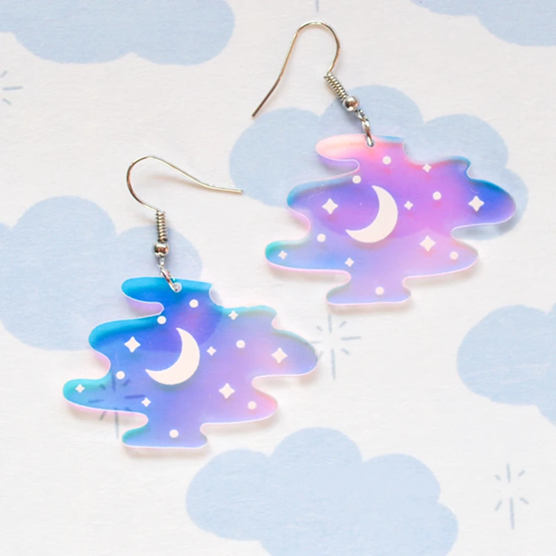 

Magic Night Sky Starry Clouds Acrylic Drop Earrings Cute Colorful Moon and Cloud Earring Women's Jewelry