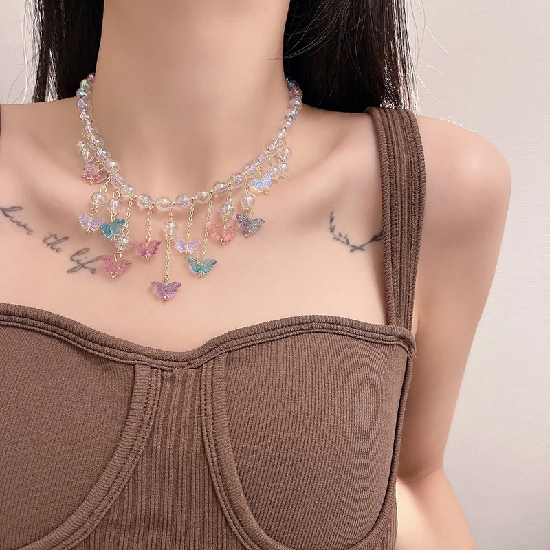 

New Korea Sweet Colorful Transparent Crystal Butterfly Pendant Necklace Women Elegant Clavicle Chain Flower Pearl Choker Jewelry