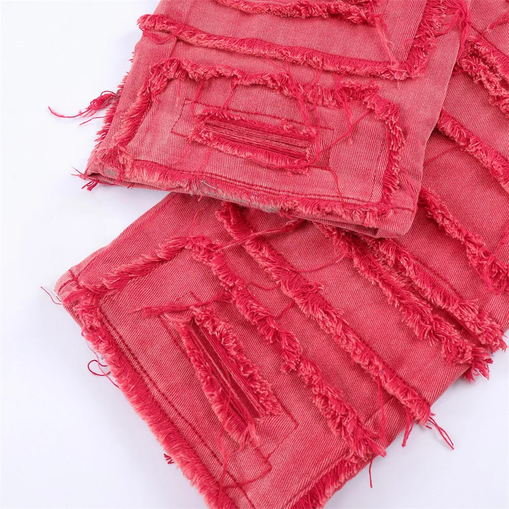 Retro Hole Y2k Distressed Jeans for Men Straight Washed Harajuku Hip Hop Loose Denim Trousers Vibe Style Casual Pants Purple