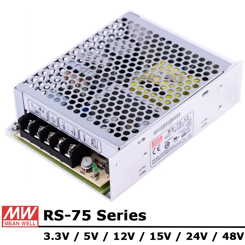 

Mean Well RS-75 Series AC/DC 75W 3.3V 5V 12V 15V 24V 48V Single Output Switching Power Supply Unit