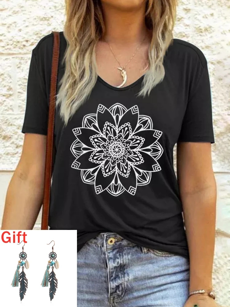 

Summer Short Sleeve T-shirts Women Floral O-Neck Short Sleeve T-Shirt Tee O-Neck Tops Casual Y2k Clothes Gift Pair Of Earrings
