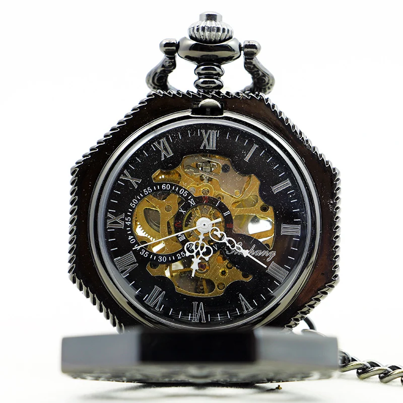 Black Arabic Hexagon Mechanical Pocket Watch Collection Antique Vintage Steampunk Hand Wind Watch Bracelet Pendant Gifts