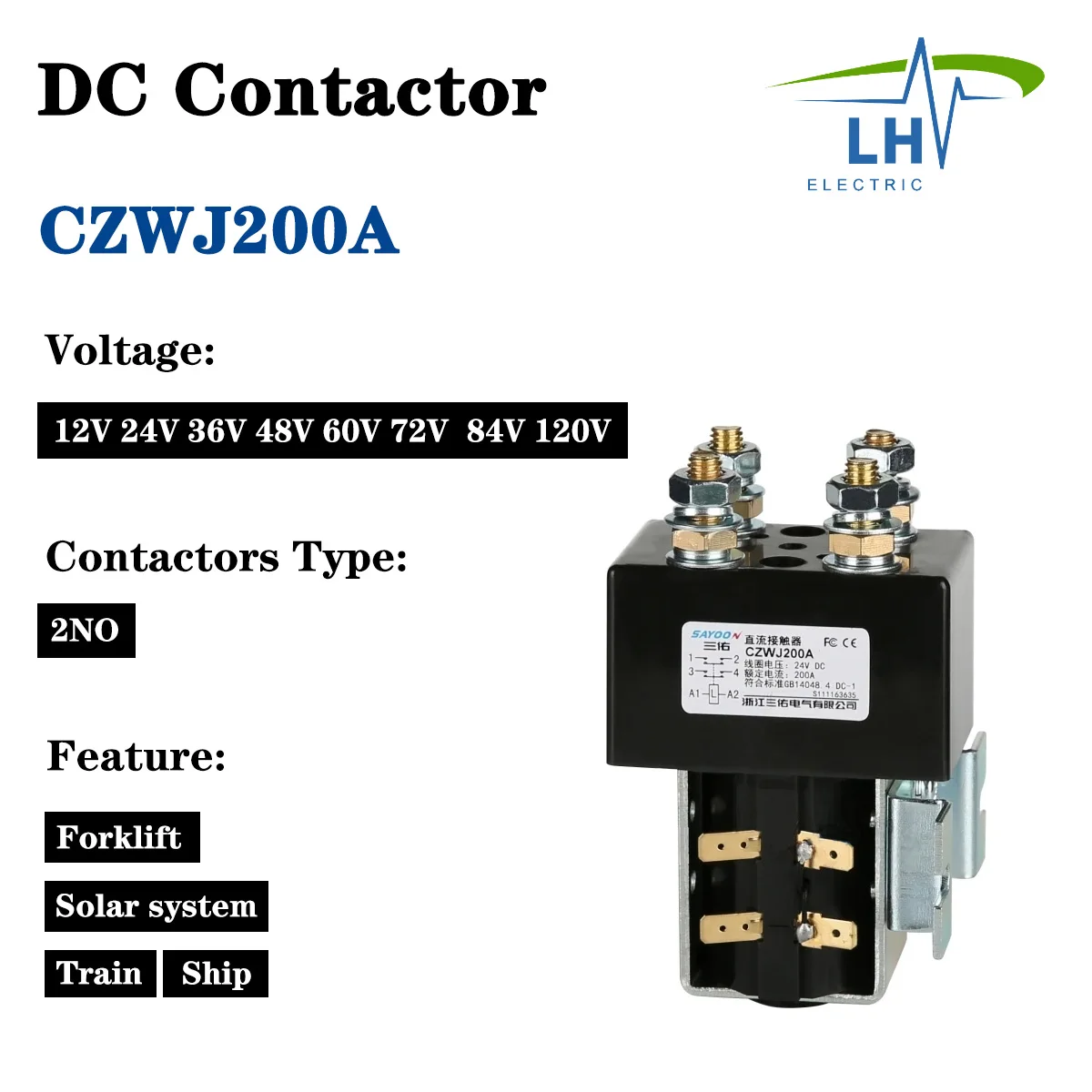 

2NO CZWJ200A SW190 ZJW200A-2 DC Contactor Storage Normally Open 12V 24V 36V 48V 60V 72V Battery Car Electric Forklift Train Ship