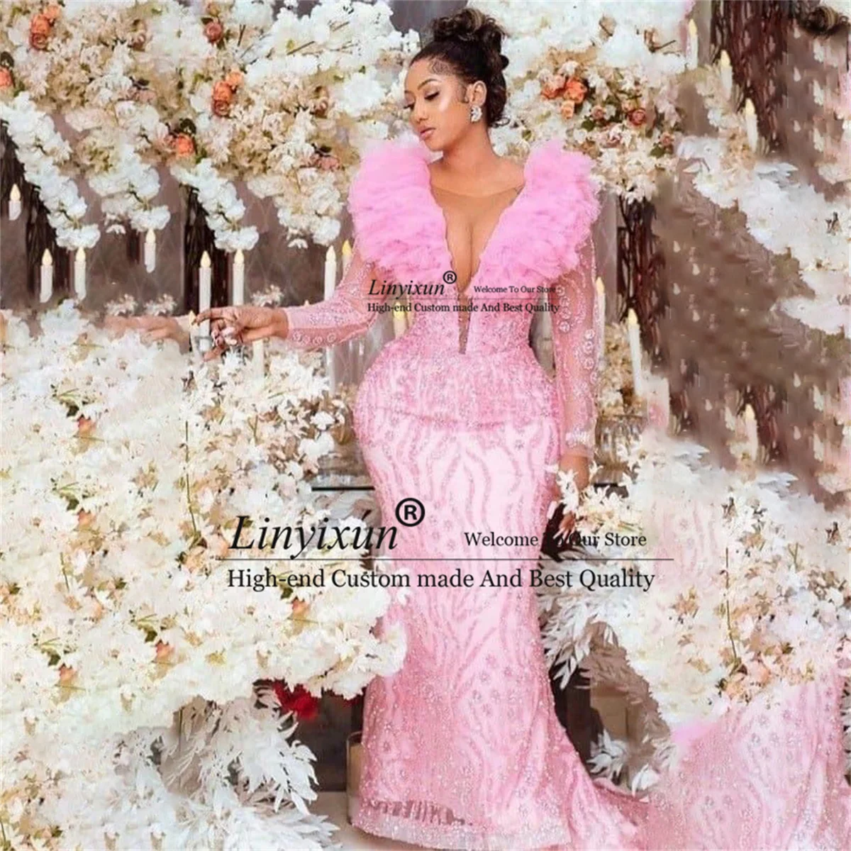 Роскошные Блестящие Розовые Длинные вечерние платья с юбкой-годе длинными