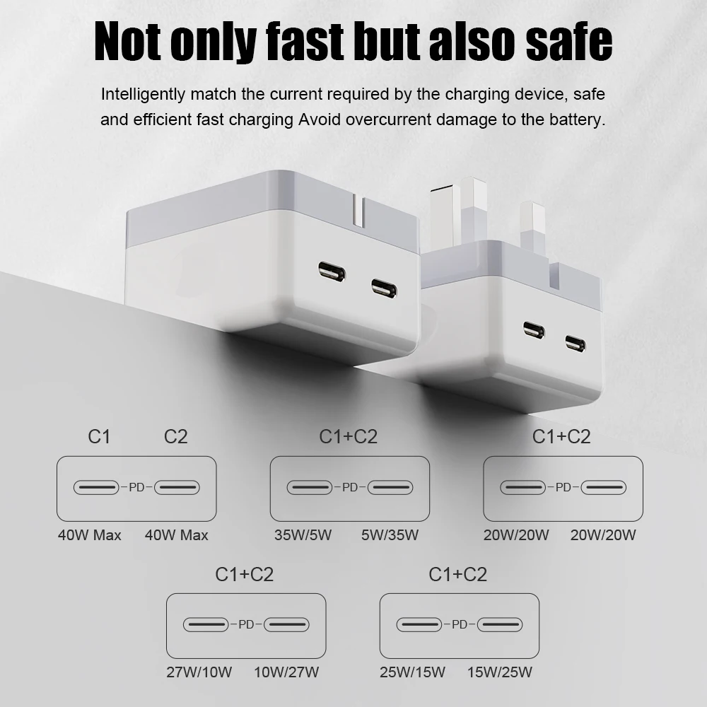 Вилка стандарта ЕС США Великобритании 40 Вт Сверхбыстрая зарядка PD двойной порт