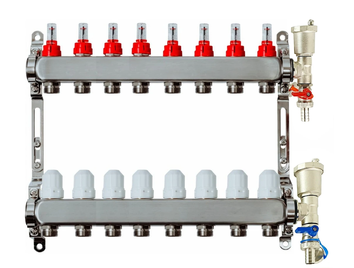 коллекторный гребенок для теплого пола с смесительным узлом. интегрированный коллектор thermotech из нержавеющей стали. со коллектор. манифолд. со коллектор.