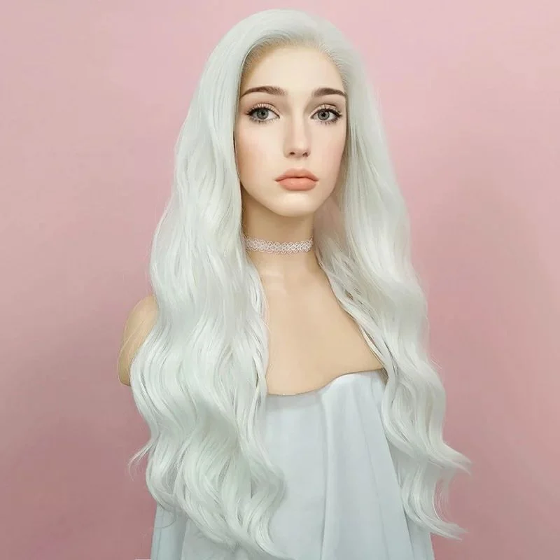 Long Wavy White Cosplay Wig For Women Heat Temperature Glueless Synthetic Lace Heat Resistant Fiber Hair Wig