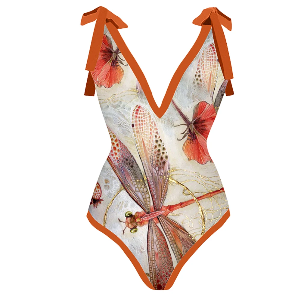 

Vintage Orange Dragonfly Print Swimsuit V-Neck Sexy Push Up Slim Bikini High Waist One Piece Swimsuit Fashion Strap Cover Up