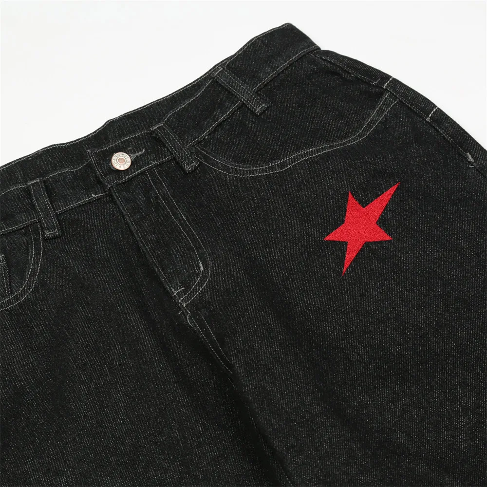 Chic Star Letter Embroidery Trousers Black Hip Hop Men Women Straight Jeans Streetwear Baggy Denim Pants New Fashion джинсы