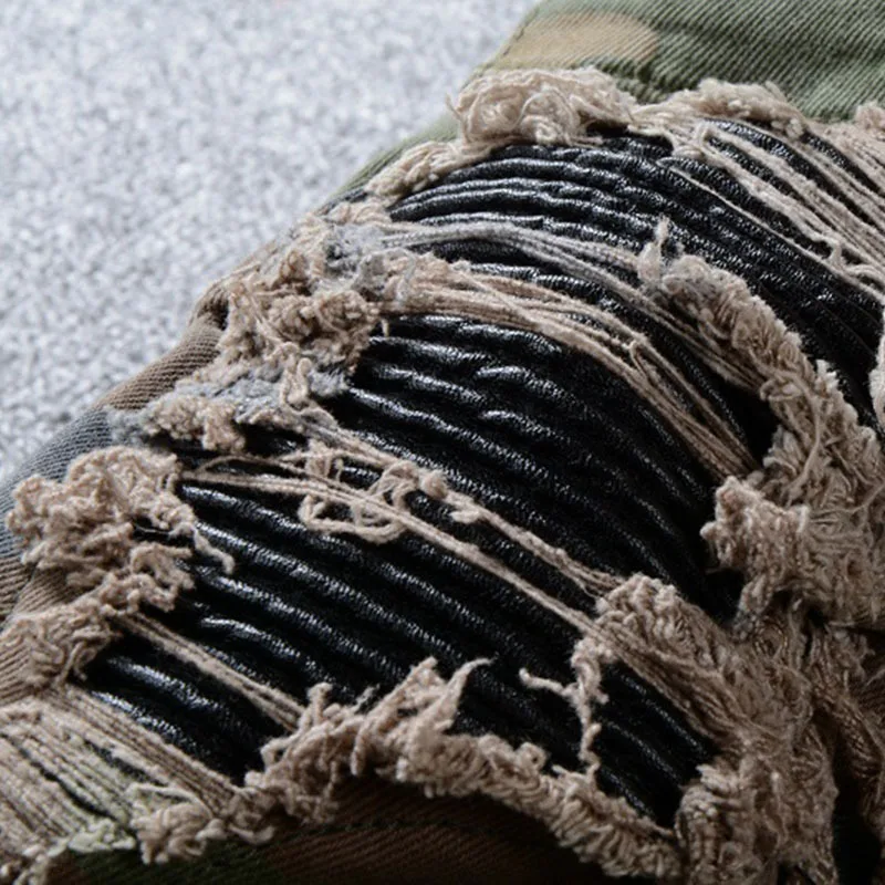 New Fashion Distressed Slim Fit Camouflage Cargo Pants Streetwear Men Zippers Pockets Skinny Stretch Patches Bikers Ripped Jeans