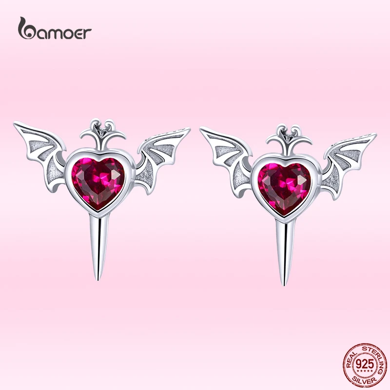 

Bamoer Genuine 925 Sterling Silver Punk Hippop Wings Ear Studs for Women Heart Clear Zircon Earrings Street Goth Fashion Jewelry
