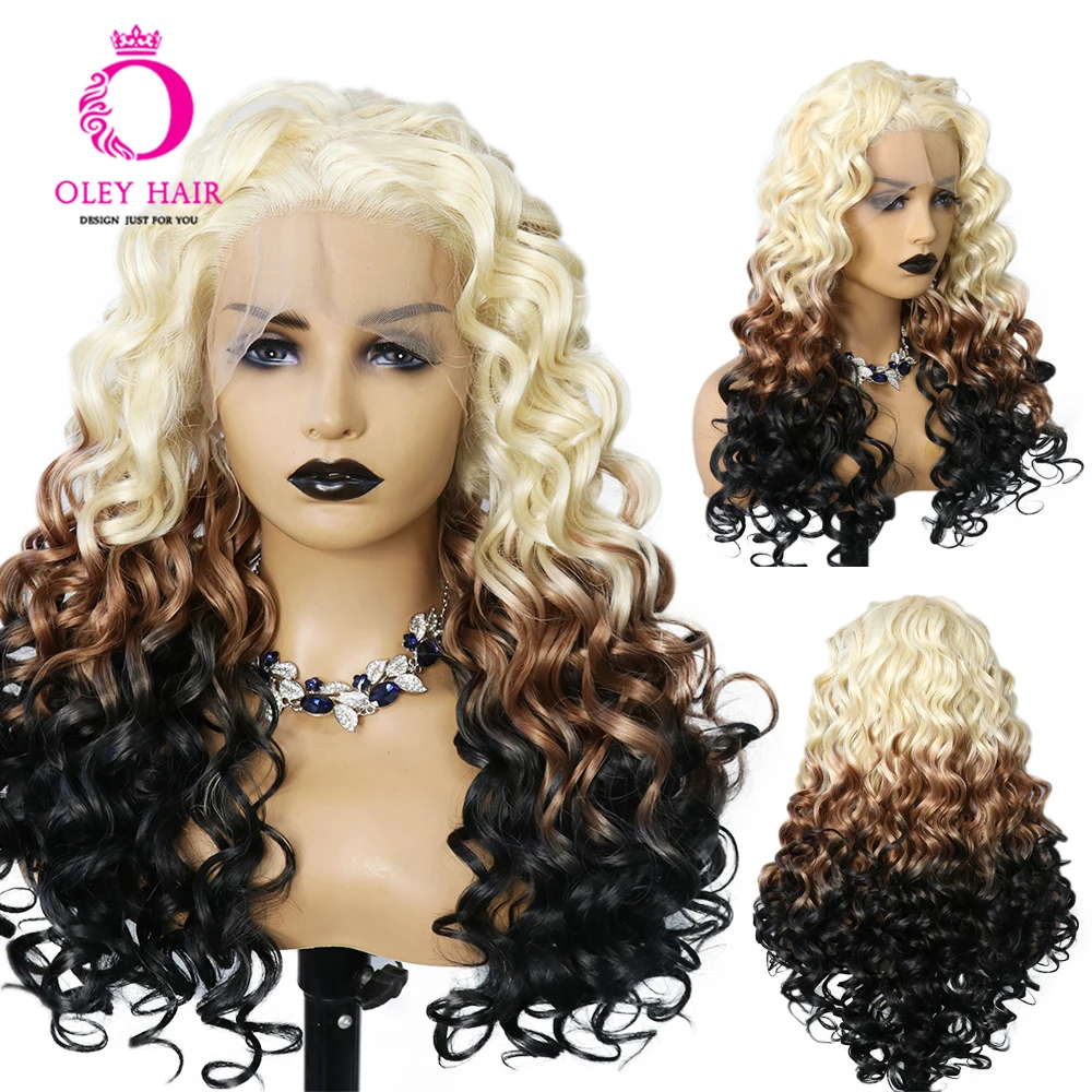 Ombre Honey Blonde Colored Synthetic 30 Inch Loose Wave Heat Resistant 13x4 Lace Front Drag Queen Cosplay Wigs For Black Women