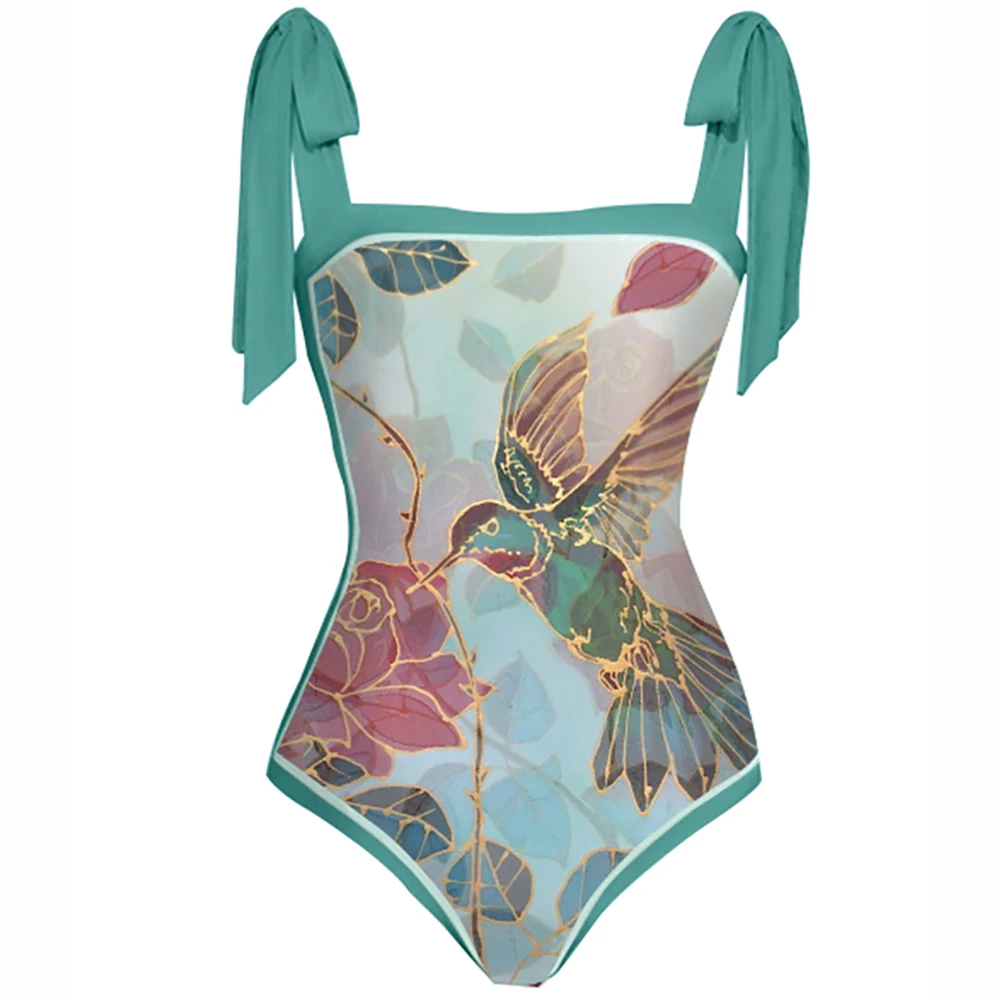 Fashion Bikinis Vintage Bird Flower Print One-piece Swimsuit Women Lacing Up Bathing Suit Push Up Summer Beachwear Slim Swimwear