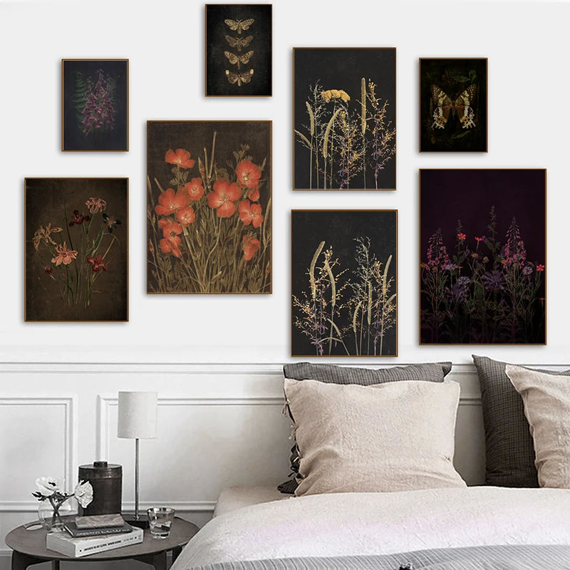

Винтажные ботанические пампасы, холст, художественные принты, темные Цветочные плакаты, дикие цветы, живопись, черный фон, гостиная, Настенн...