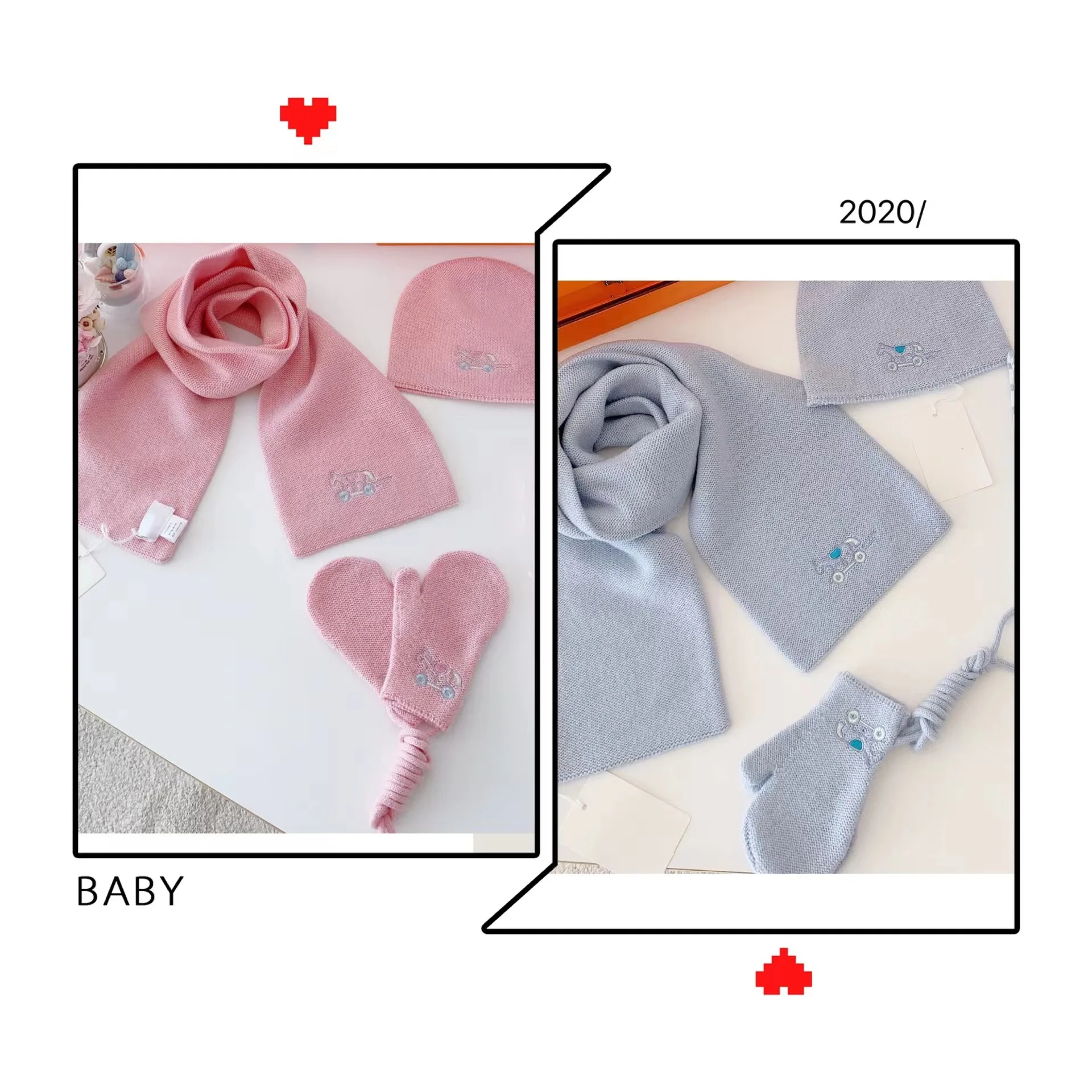 

Baby gift box set hat + scarf + gloves, cotton knitted, ball-free, color-free, embroidered carriage, box package.
