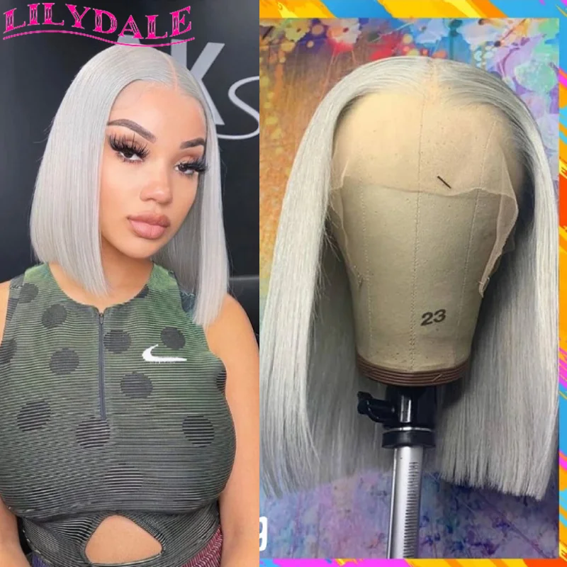 Silver Grey Bob Wig Straight Lace Front Wigs HD Transparent Lace Brazilian T Part Lace Wig Human Hair 13x1 613 Blonde Wig