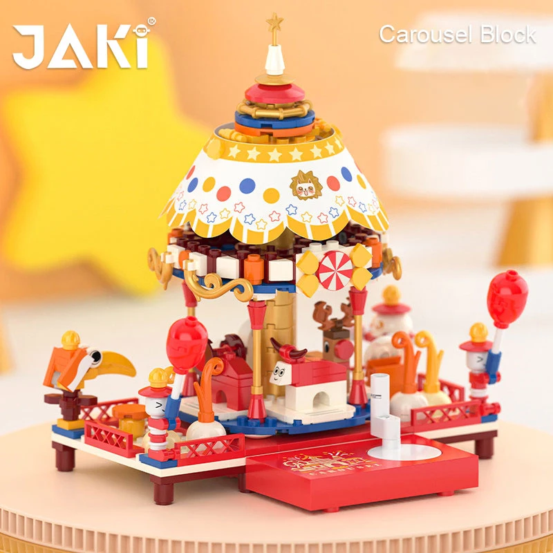 JAKI Amusement Park 3D Model Building Blocks City Steet View Architecture MOC Carousel Bricks Toys For Childrens Birthday Gift