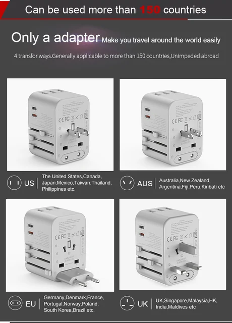 4 Port USB Charger With Universal Travel Plug Adapter PD Worldwide Charger For UK EU AU Wall Electric Plug Sockets With USB C PD 6