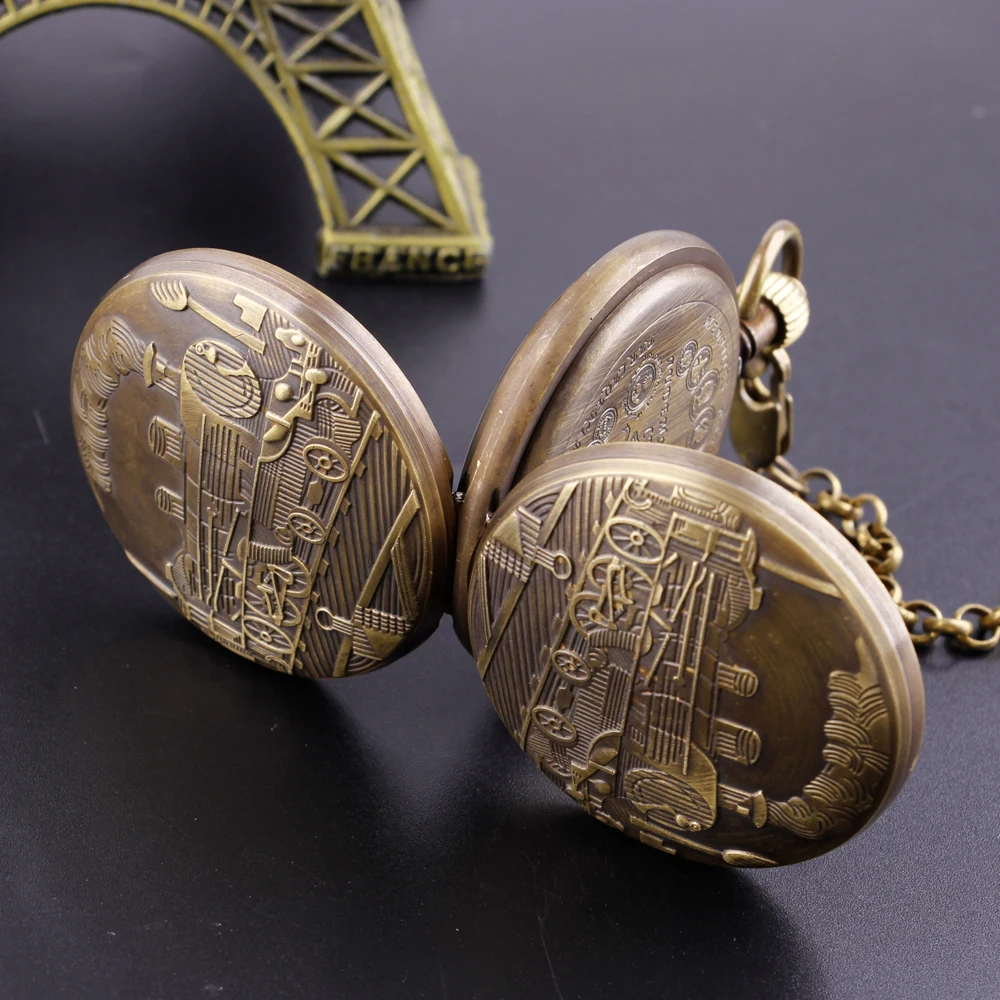 Antique Vintage Train Engraved Mechanical Pocket Watch Necklace For Men Women Half Hunter 2 Sides Open Case Hand Wind Fob Watch