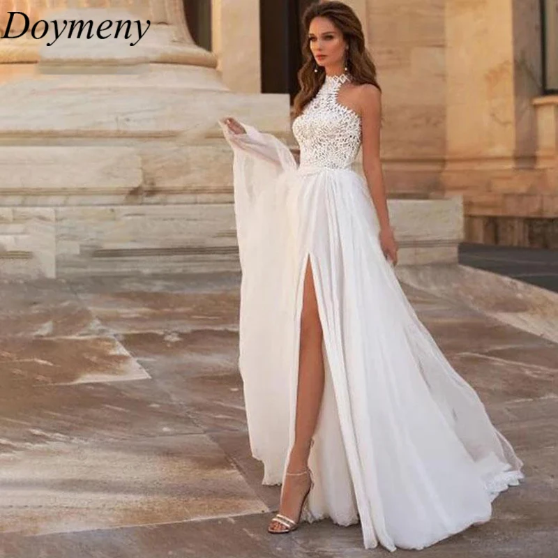 

Doymeny Bridal Sexy Wedding Dress HALTER Sweep Train Tulle Zipper Applique Sleeveless Simple A-Line Floral Print Robe De Mariée