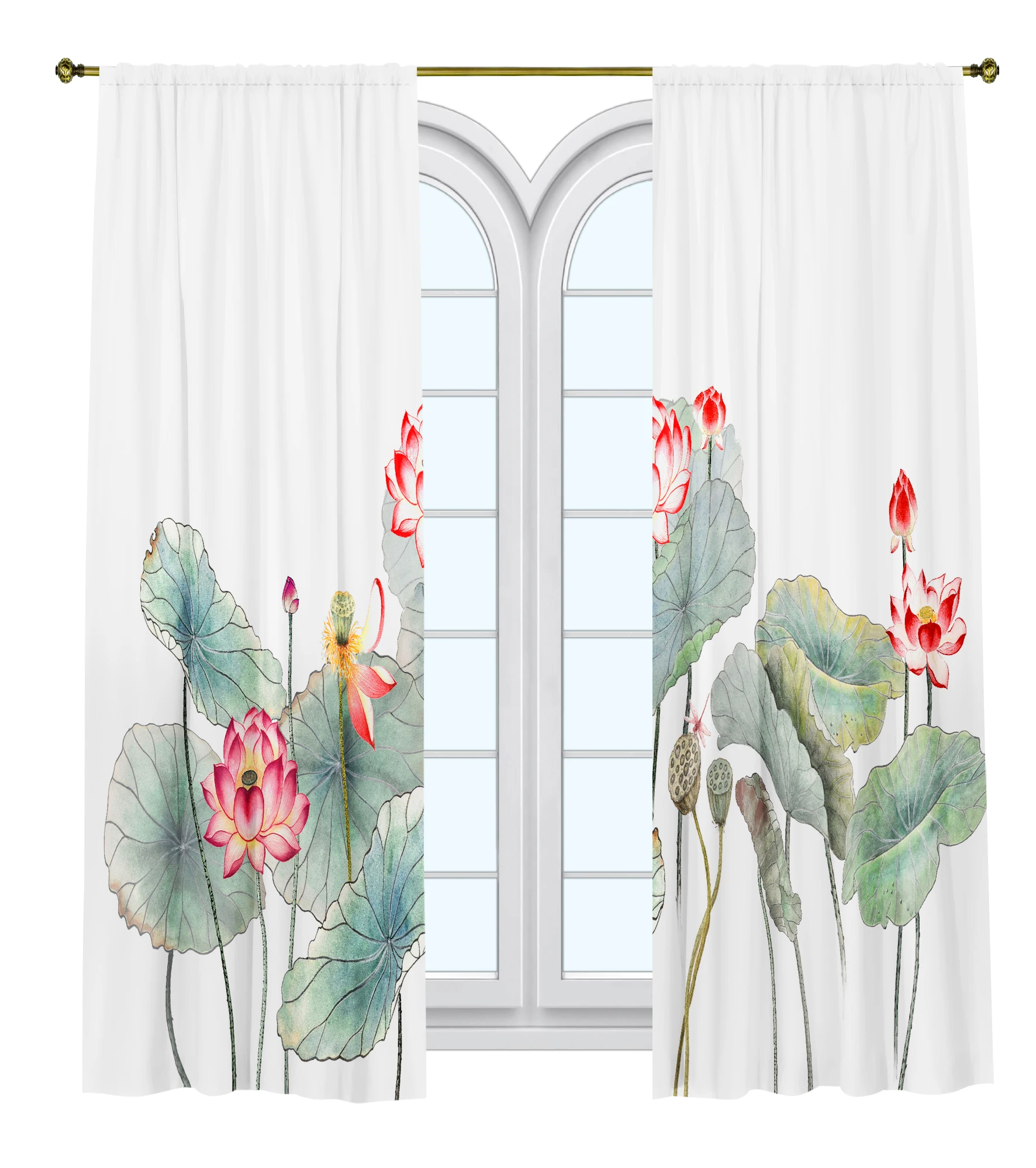 

Занавеска с принтом природного ландшафта, комплект из 2 панелей, чехлы для спальни, столовой, гостиной, с цветком лотоса на белом фоне, Декор