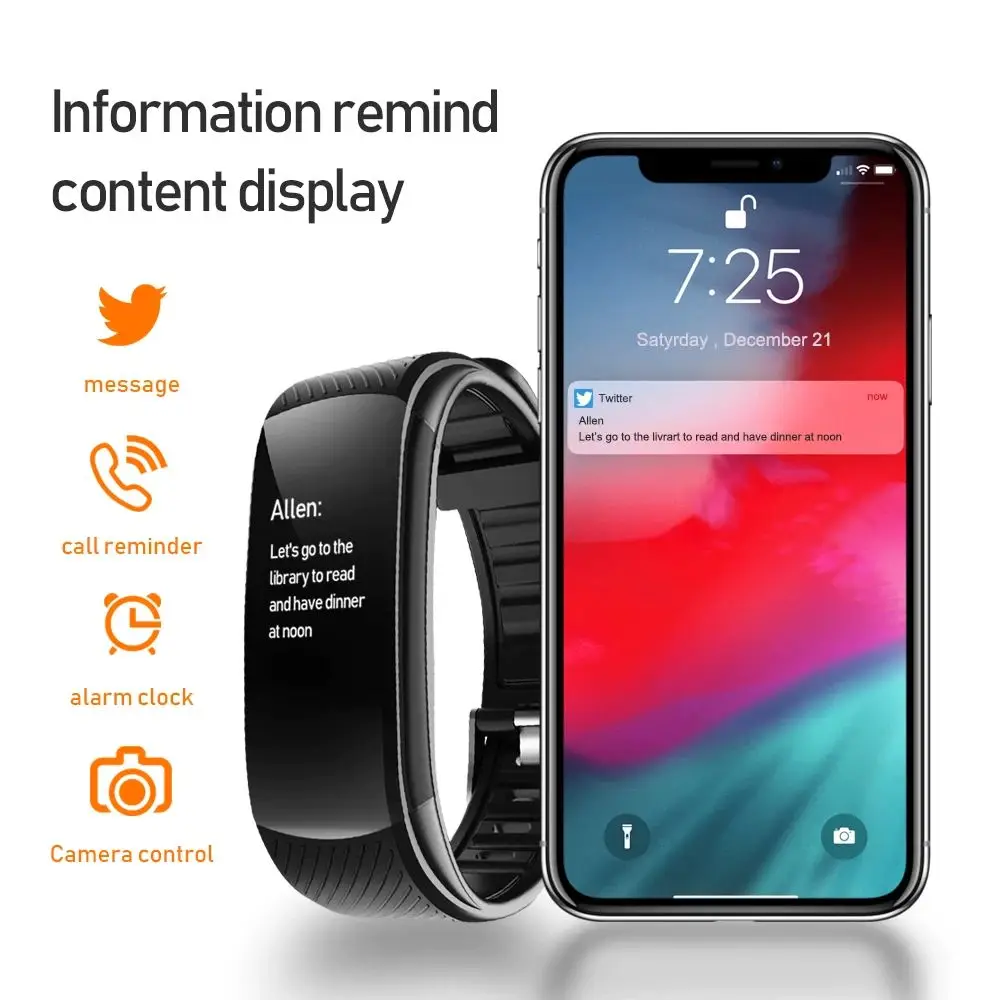 

C5S Smart Wristband HD Color Screen USB Charging Call Reminder Information Display Camera Control Fitness Tracker Sport Bracelet