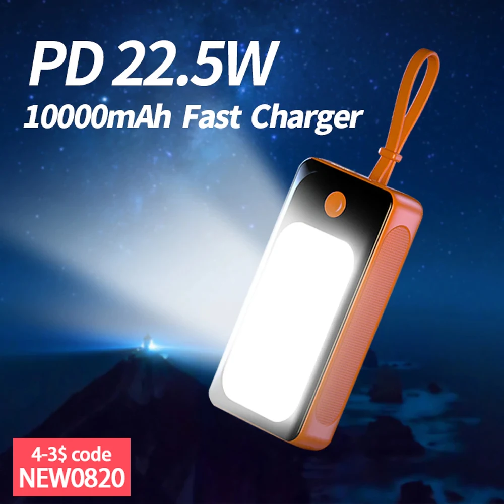 

Power Bank 10000mAh Portable Powerbank with Cable PD 22.5W Fast Chargers Spare Battery for iPhone Samsung Xiaomi Huawei Oneplus