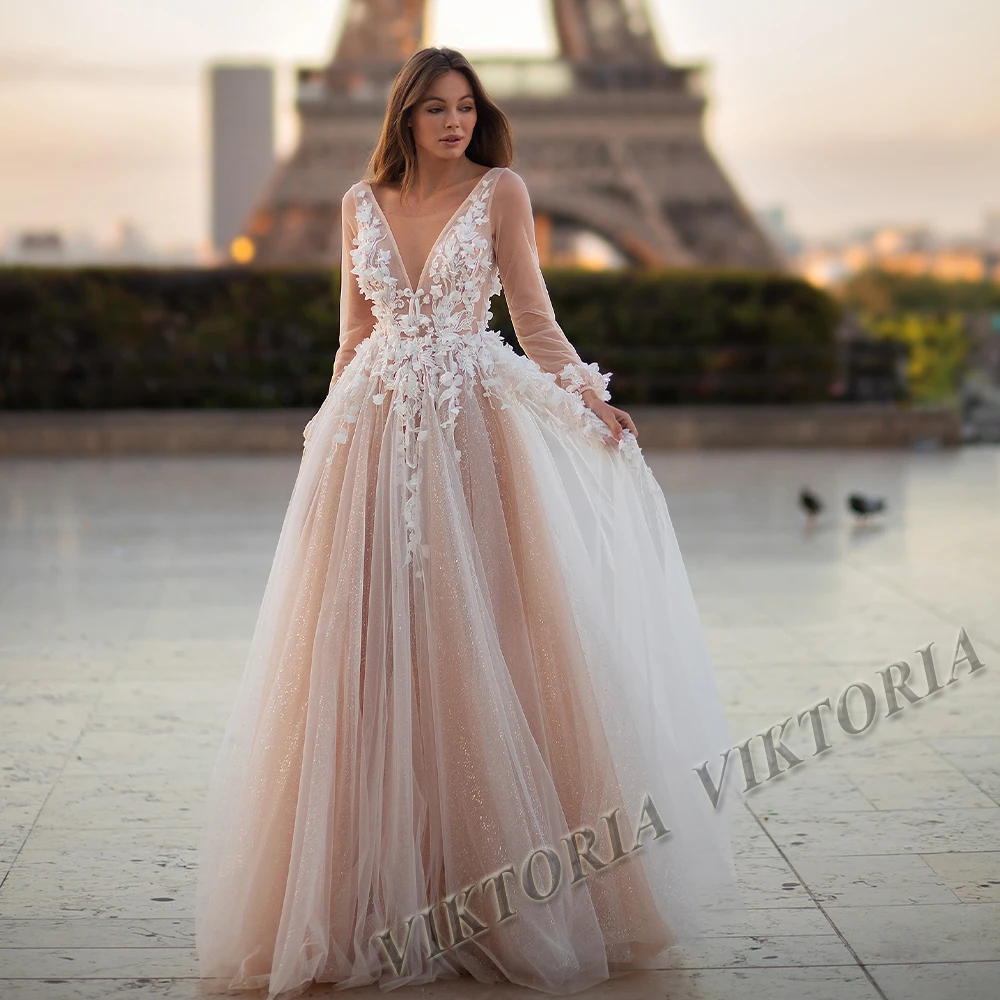 

VIKTORIA Shining Wedding Dresses Long Sleeves O-Neck For Women Mariages Bride A-LINE Appliques Vestidos De Novia Custom Made