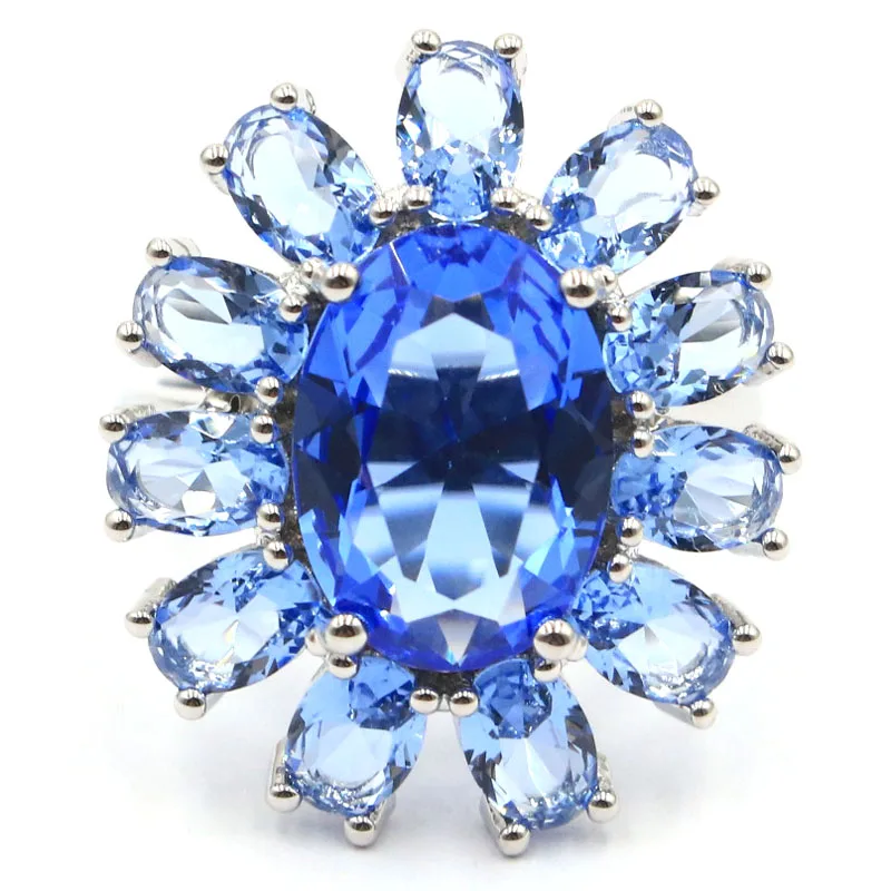 

26x22mm Romantic 6.1g Violet Tanzanite Blue Aquamarine Ladies Present Daily Wear Silver Rings