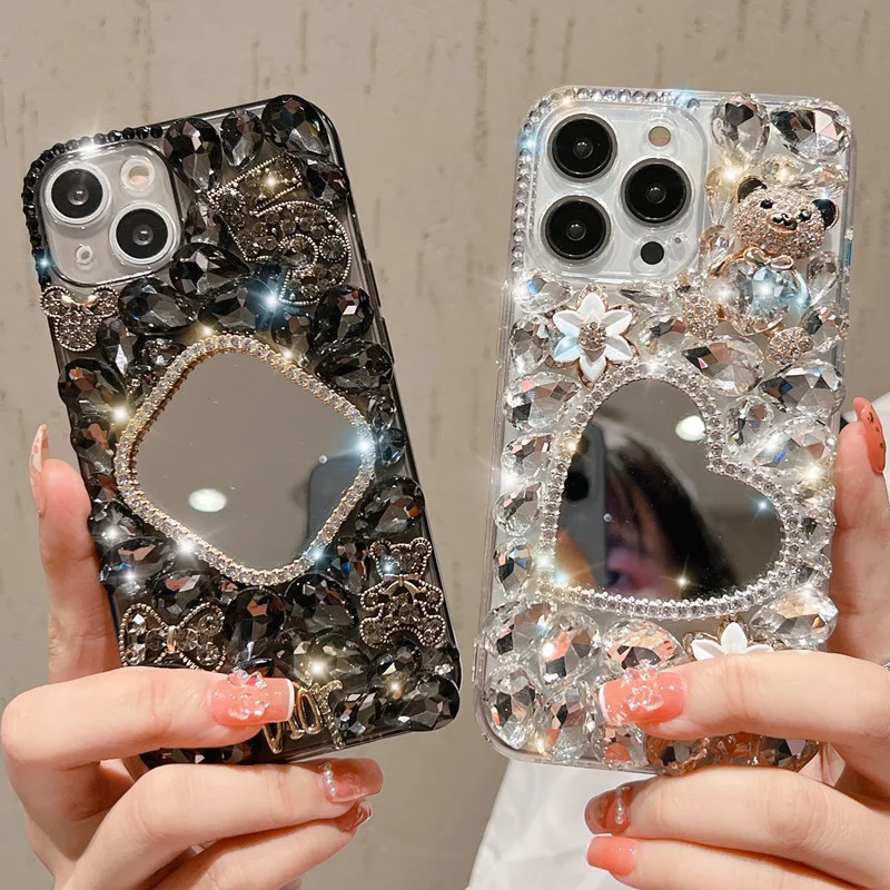 Rhinestone Bear Decor Makeup Mirror Phone Case for iPhone all Series  12 13 14 Pro Max