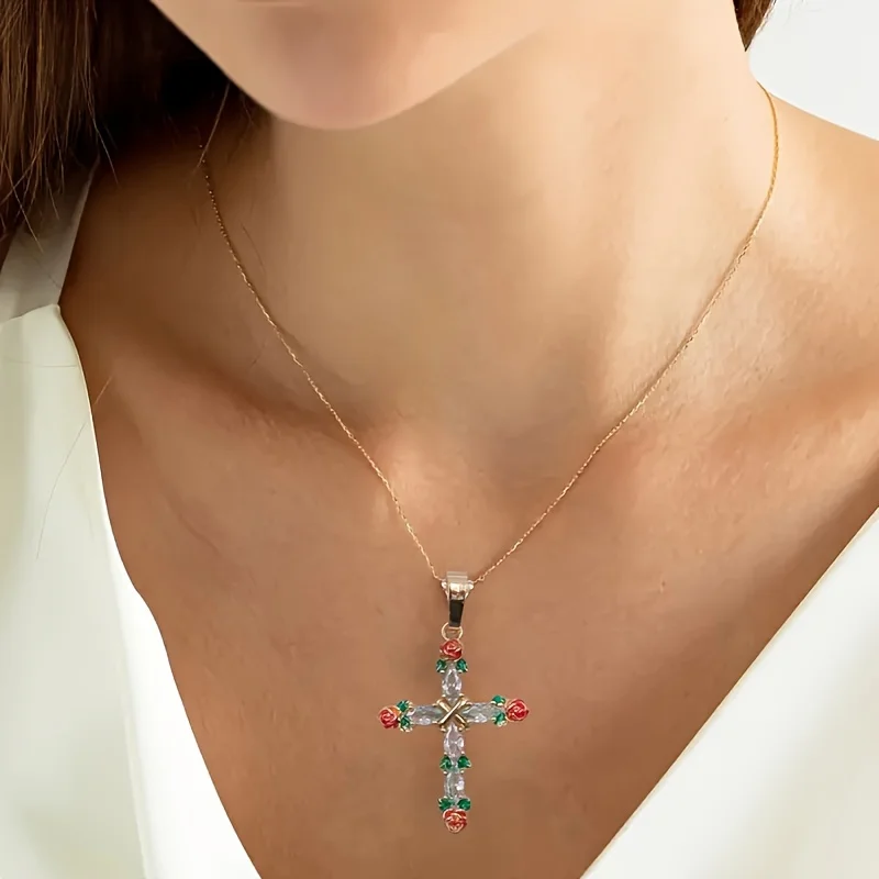 1 шт. женское ожерелье с подвеской в виде креста и розы