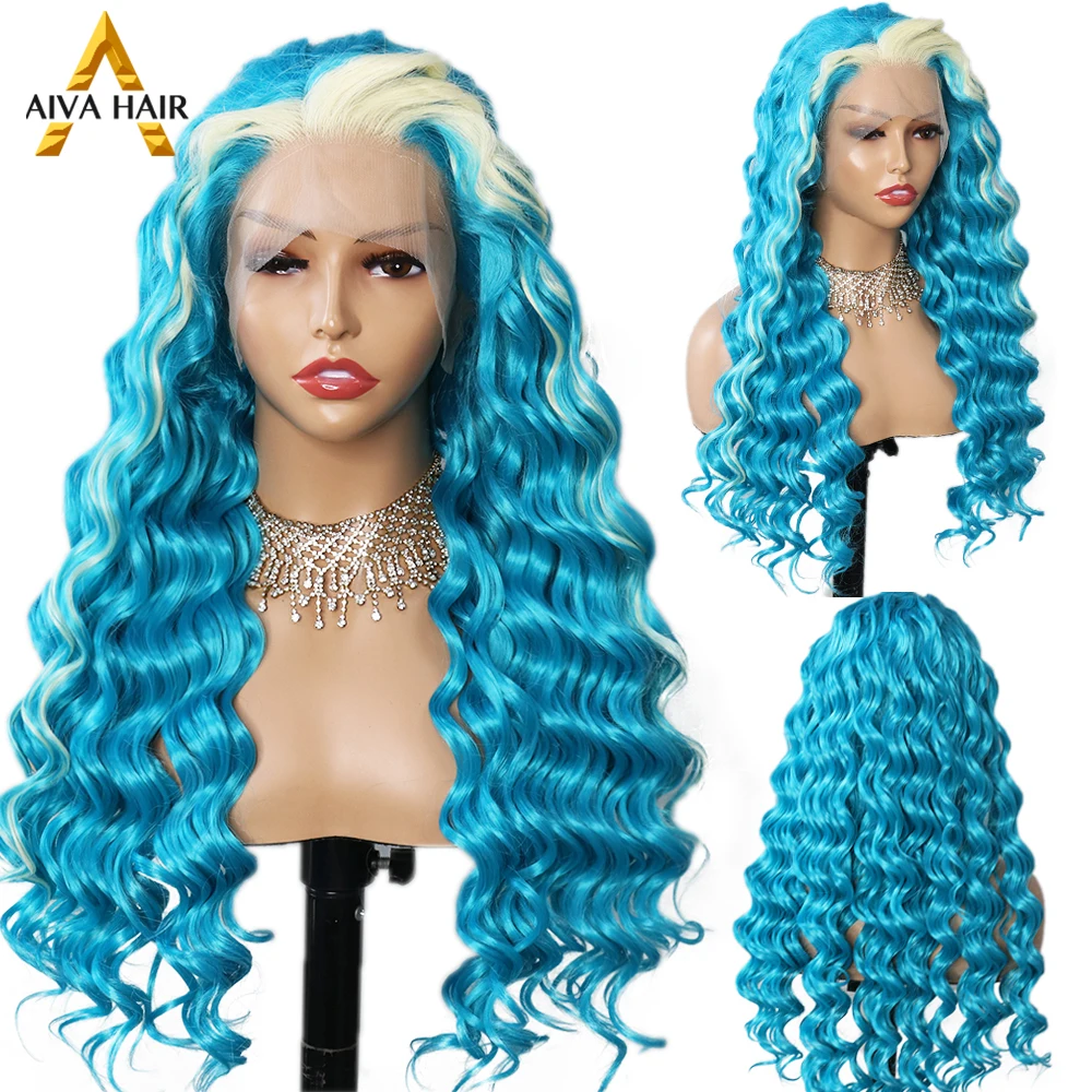 Blue Color Synthetic Kinky Curly 30 Cosplay Wig High Temperature Fiber Glueless 13X4 Lace Front Drag Queen Wigs For Black Women