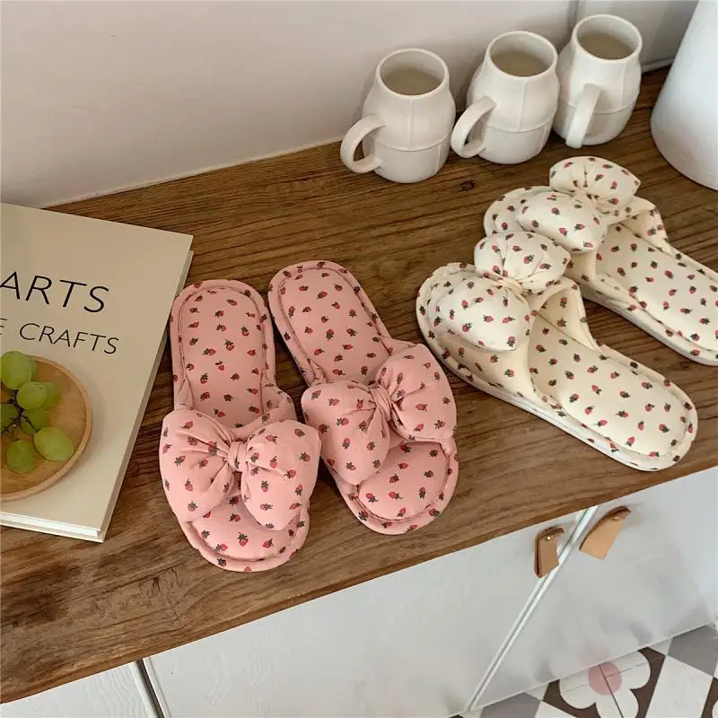 

Women's Ins Style Fashion Floral Print Four Seasons Llinen Slippers Indoor Home Female Summer Sweet Girls Bow Flat Slippers