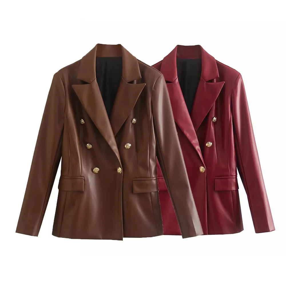 

PB&ZA 2022 Autumn New Women's Solid Color Trend Lapel Long Sleeves Gold Button Trim Slim Imitation Leather Suit Jacket