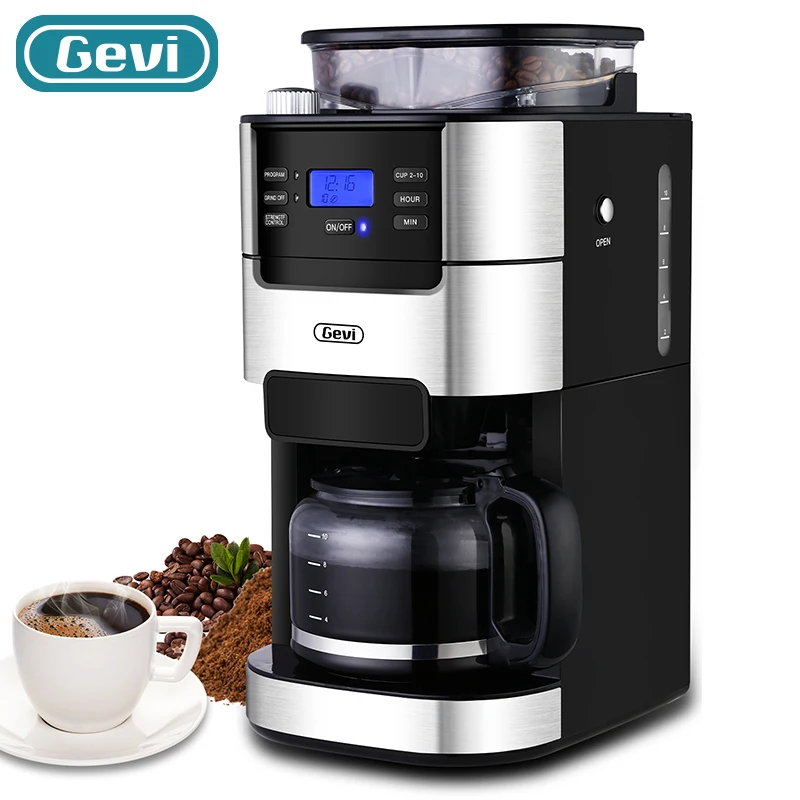 Gevi Drip Coffee Maker 10-Cup Brew Automatic with Built-In Burr Coffee Grinder Removable Filter Basket 900W Power GECMA025AK-U