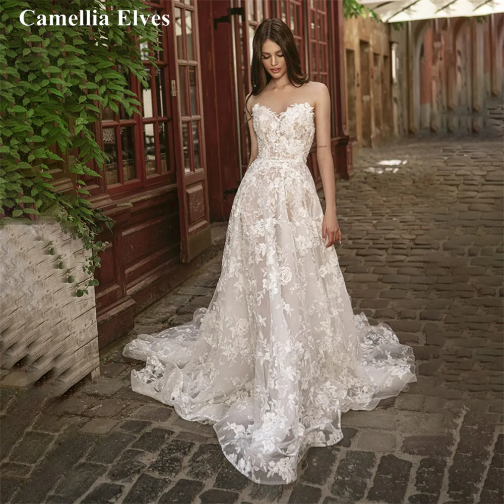 

Elegant Lace A Line Wedding Dresses For Women Appliques Strapless Bride Dress Princess Backless Bridal Gowns Vestidos De Novia