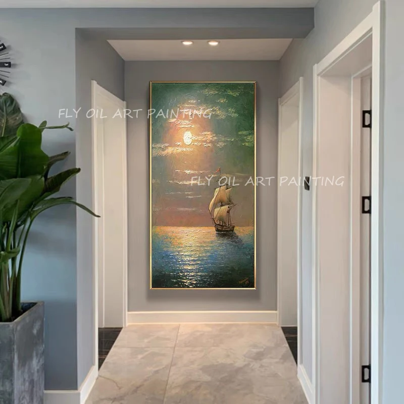 100% ручная роспись фотообои абстрактный морской пейзаж с парусником толстый нож