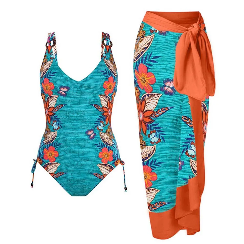 

Printed Backless Fashion One Piece Swimwear And Cover Up High Waist Cut Seamless Panel V-Neck Swimsuit String Strap Beachwear