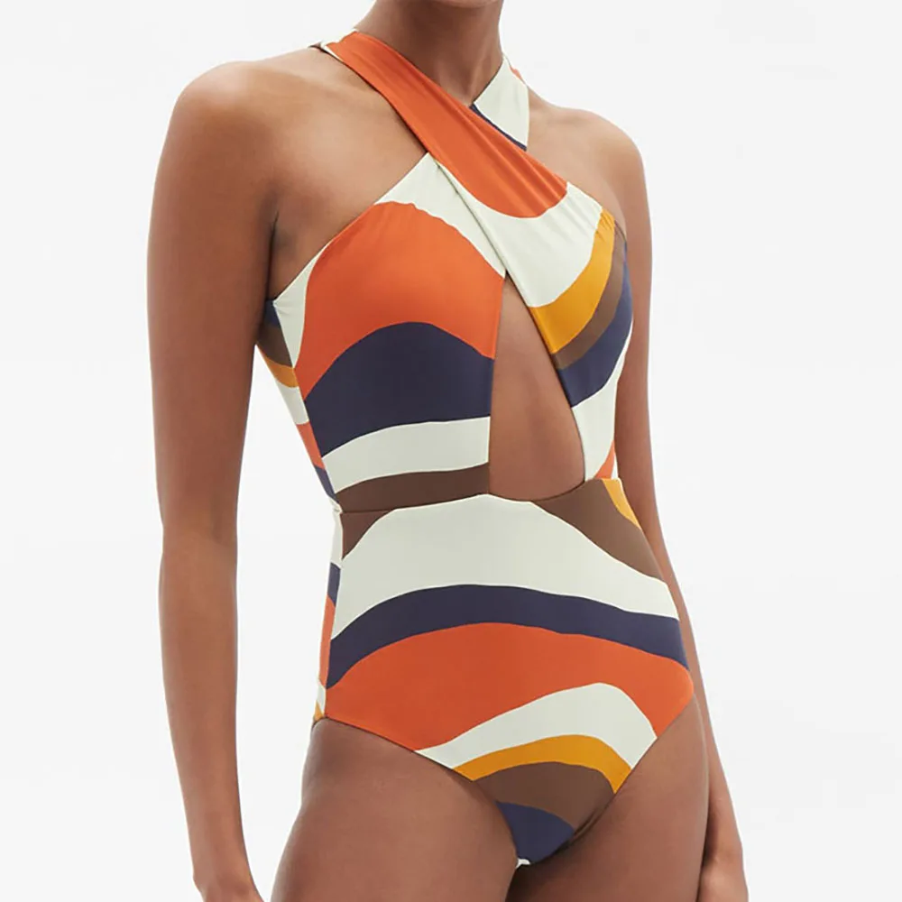 Fashion Colorblock Striped Print One Piece Swimsuit Set Cross Halter Bikini Slim Fit Sexy High Waist Beach Dress Elegant 2022